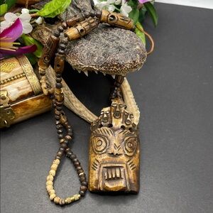 Carved bone Mahakala amulet necklace vintage C3